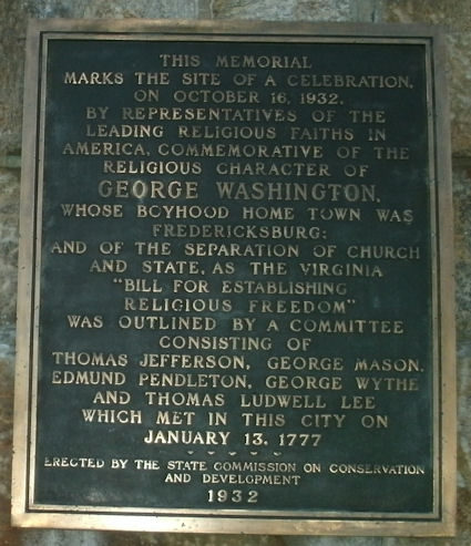 Photo of the Religious Freedom Monument Plaque, Fredericksburg, Virginia